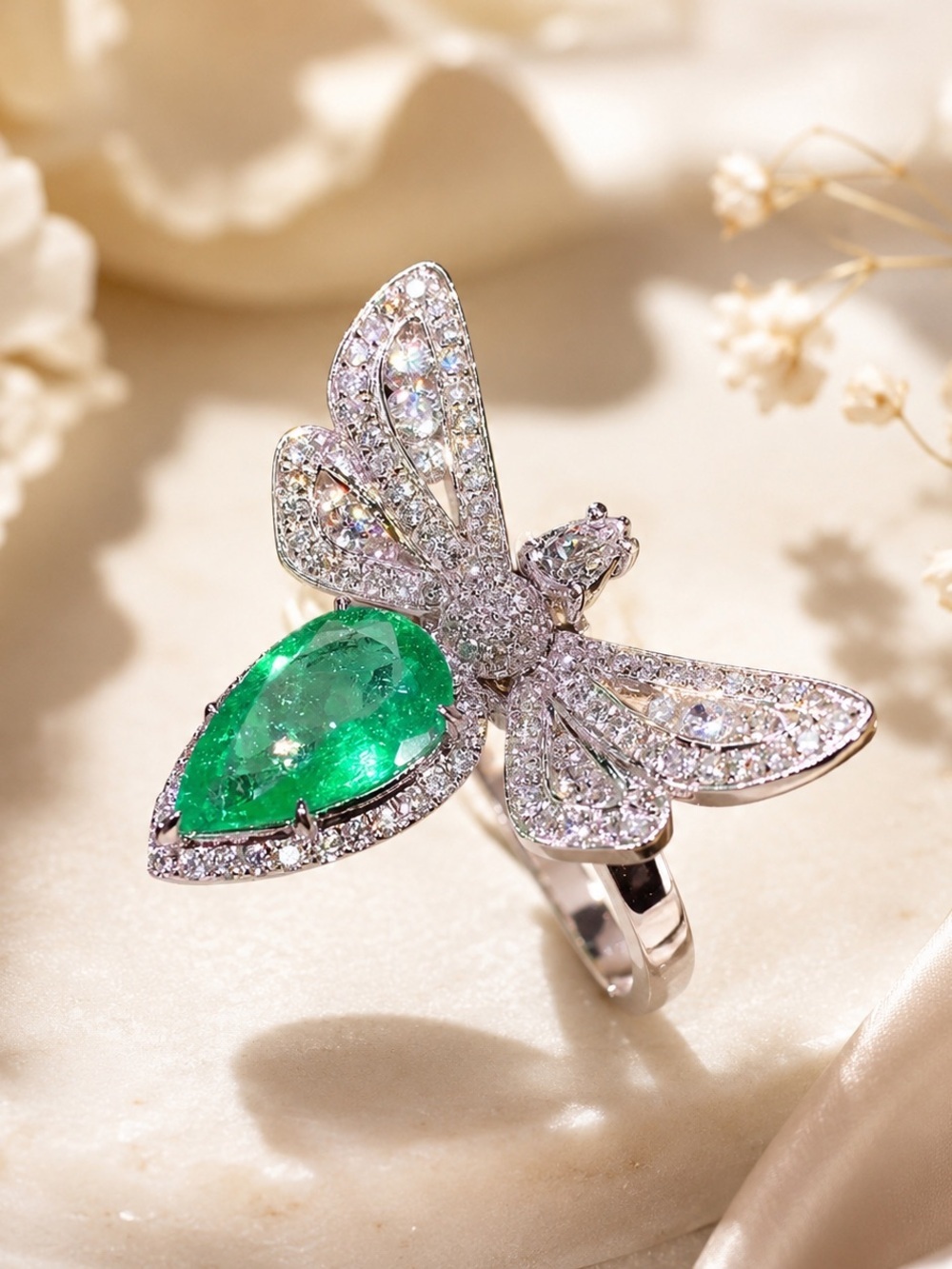 Vintage Emerald Dragonfly Statement Ring | Sparkling Crystal Cocktail Ring |